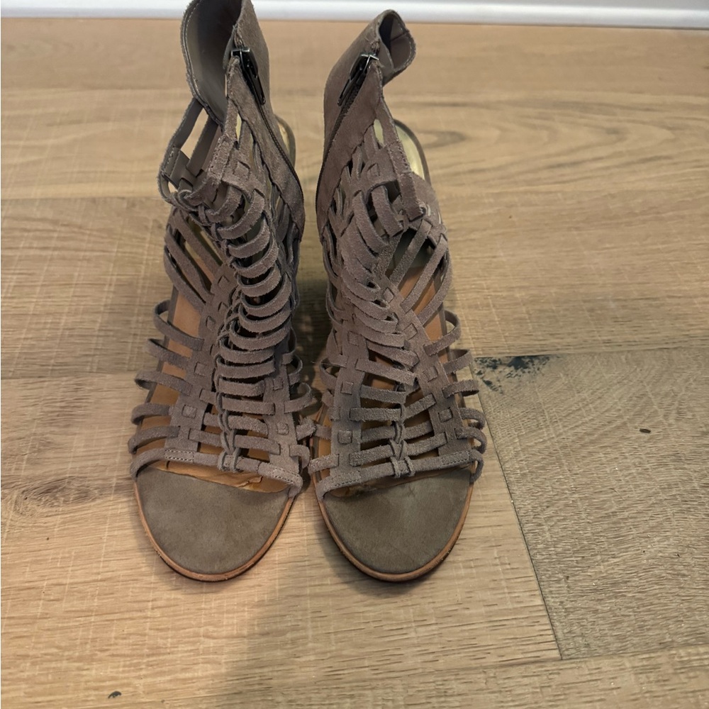 Dolce Vita Tan Heeled Sandals with Intricate Straps